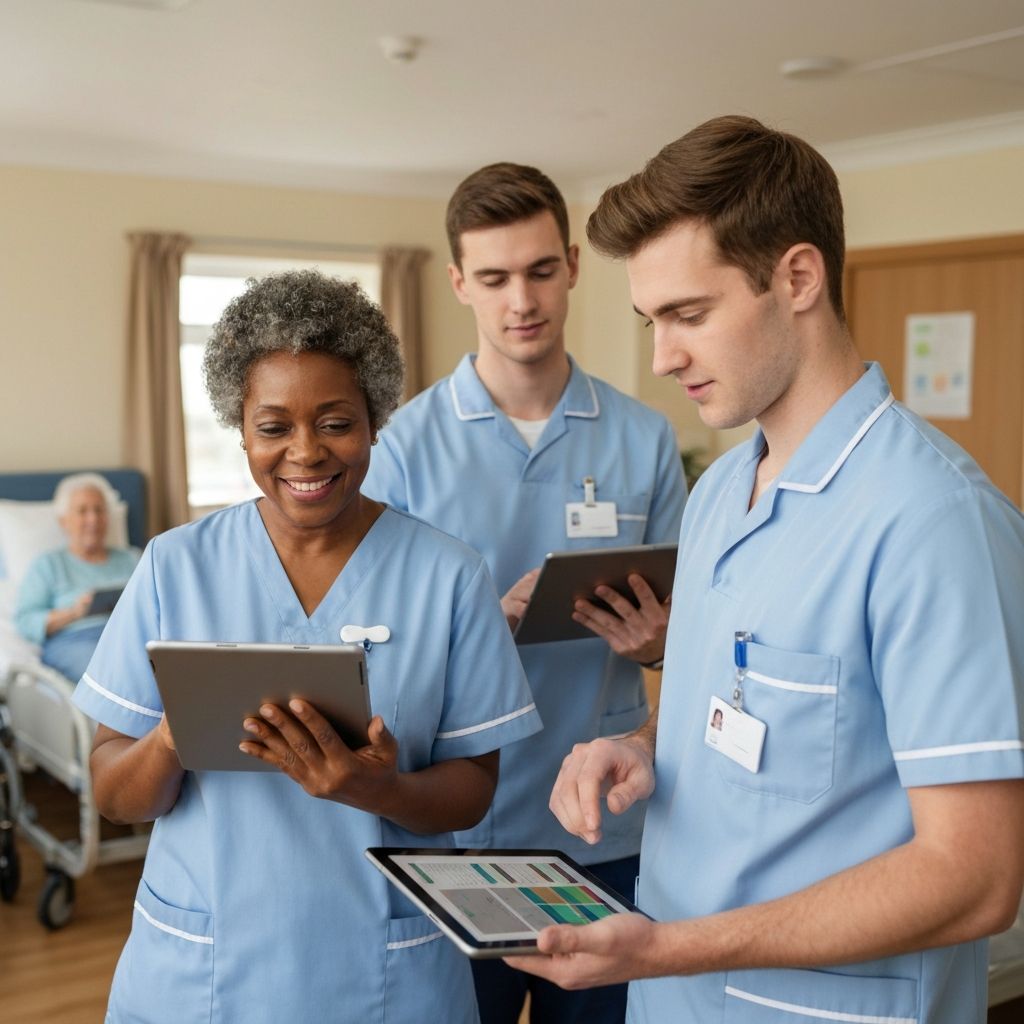 Care home staff using digital tools